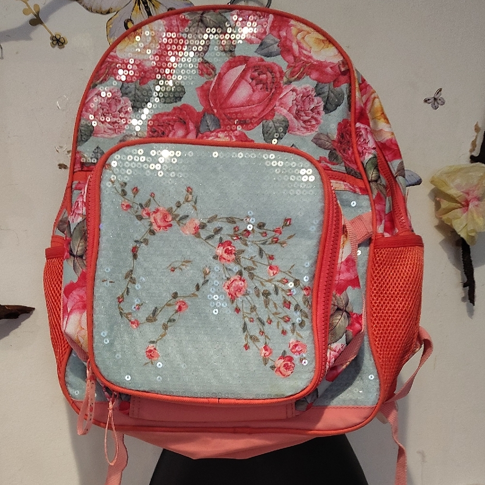 Floral Sequin Accent Backpack - Coral and Light Blue